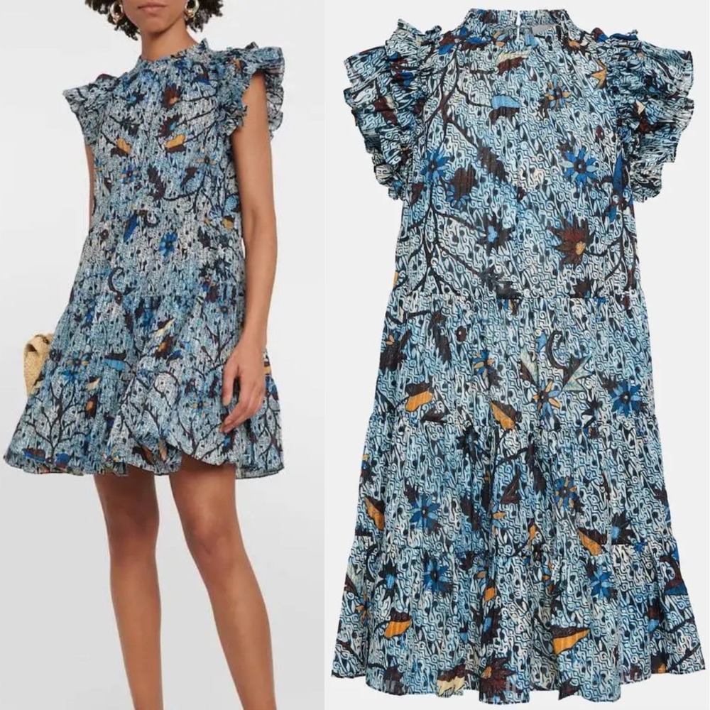 Ulla Johnson Sz 0 Denia Ruffle Sleeve Tiered Blue High Neck‎ Cotton Mini Dress